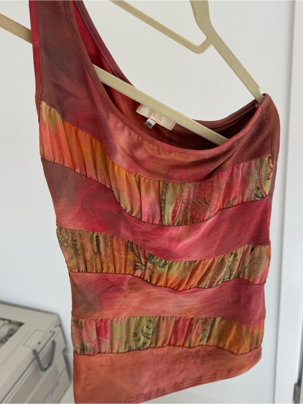 Women’s one shoulder Tiered Top in Coral Pink made in France. Ikito size 36